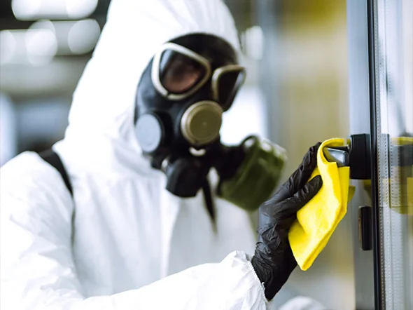 Certified biohazard technician in full protective hazmat suit and respirator performing decontamination cleaning