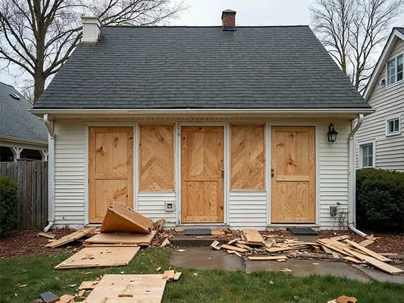House with plywood boards securing windows and doors after storm damage for emergency property protection