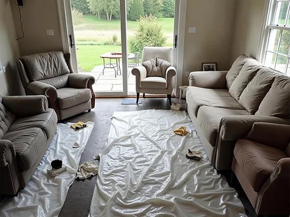 Living room furniture protected with plastic sheeting during contents restoration and cleaning process