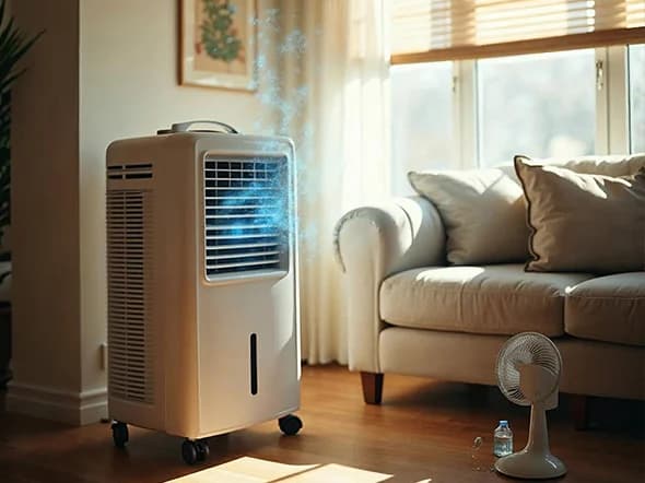 Portable evaporative cooler providing emergency cooling in sunny living room during heat wave