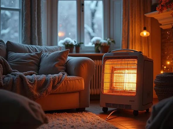 Portable space heater providing emergency heat in cozy living room during winter storm