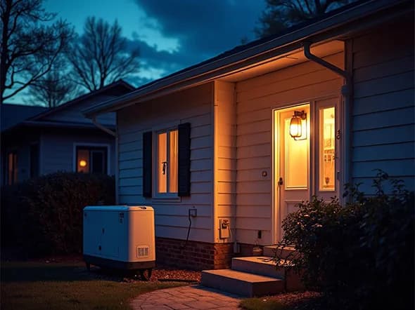 Standby generator powering home at dusk during power outage with warm lights visible through windows