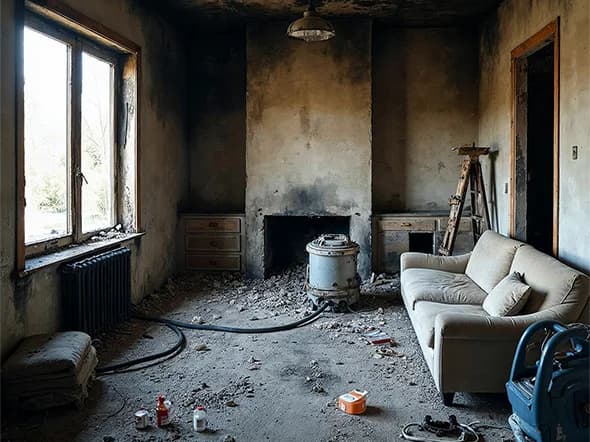 Fire-damaged living room with soot-covered walls, debris, and restoration equipment during fire damage cleanup