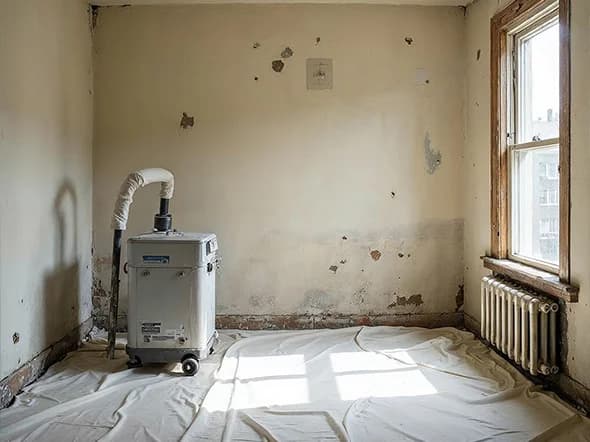 HEPA air filtration unit in room during lead and asbestos abatement with protective floor covering