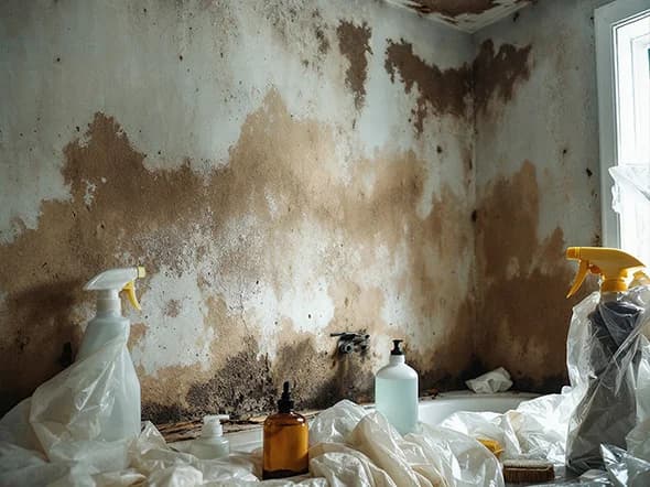 Severe mold growth on interior wall with professional mold remediation cleaning supplies and protective equipment