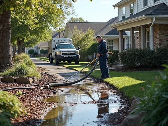 Professional technician using industrial hose for sewage cleanup and water extraction in residential neighborhood