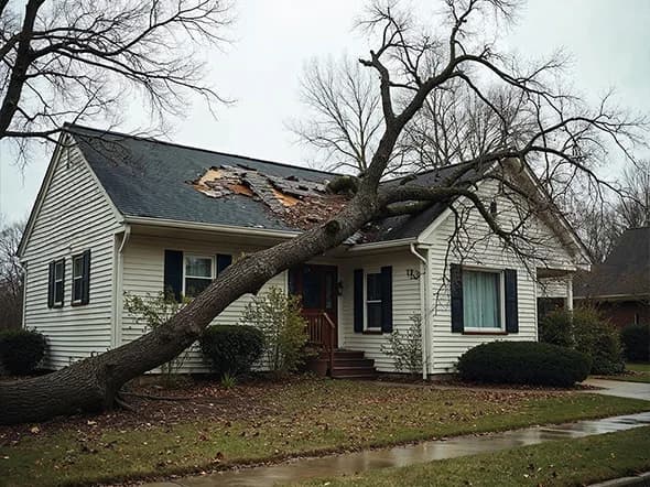 Large tree fallen on residential home roof causing significant storm damage requiring emergency repairs