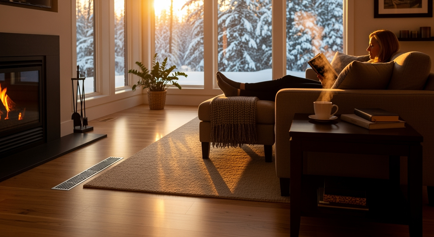 Professional interior photography of a cozy, modern living room during winter. Complete Guide to Choosing the Right Heating System for Your Home