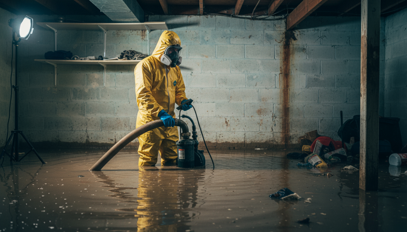 Professional restoration technician in full hazmat suit with respirator using industrial pump to extract sewage water from flooded basement, professional safety equipment.