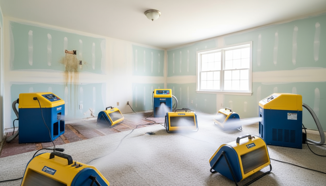 Structural drying equipment including dehumidifiers and air movers in water-damaged room