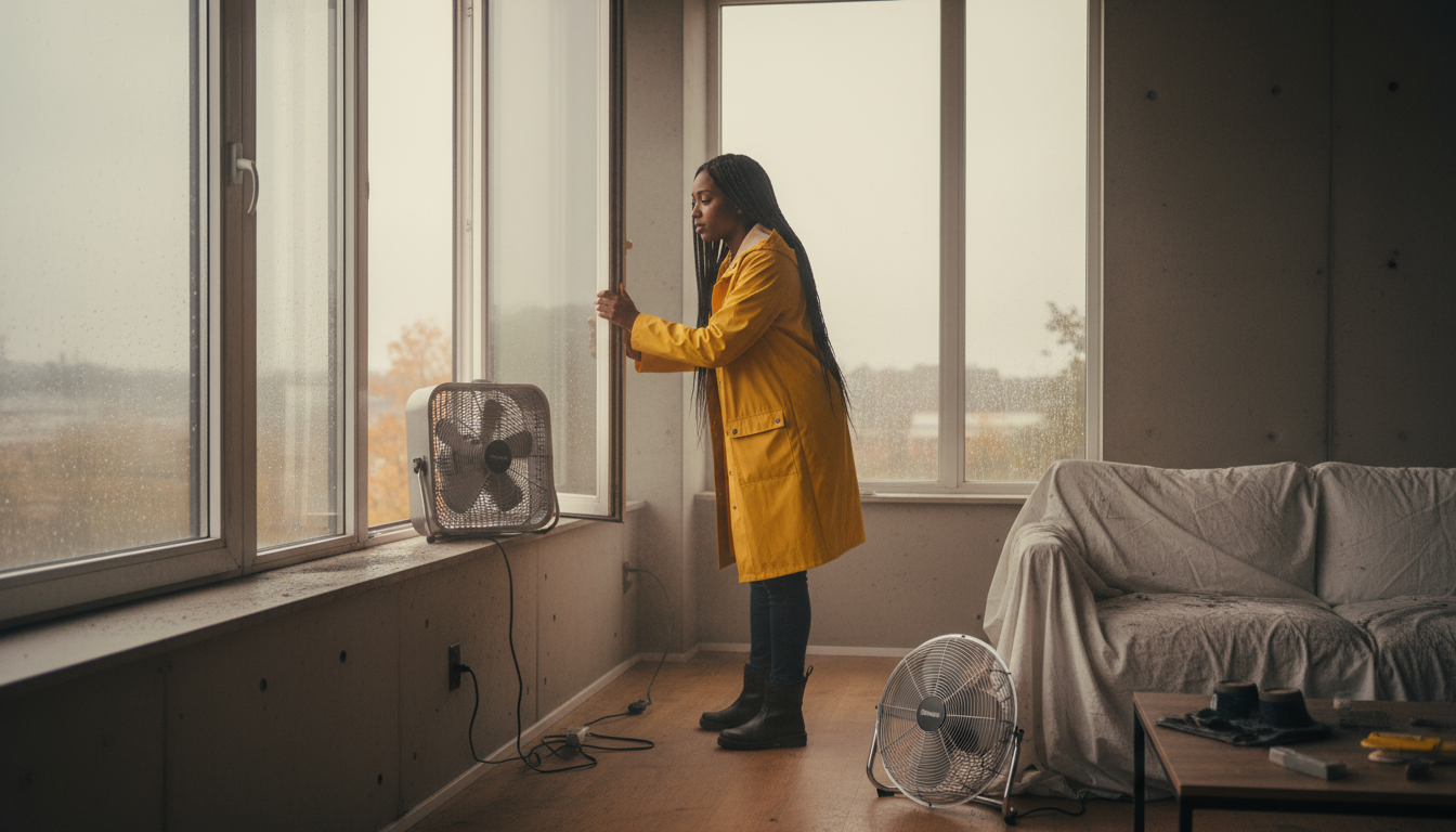 Homeowner ventilating room with fans and open windows for smoke odor removal