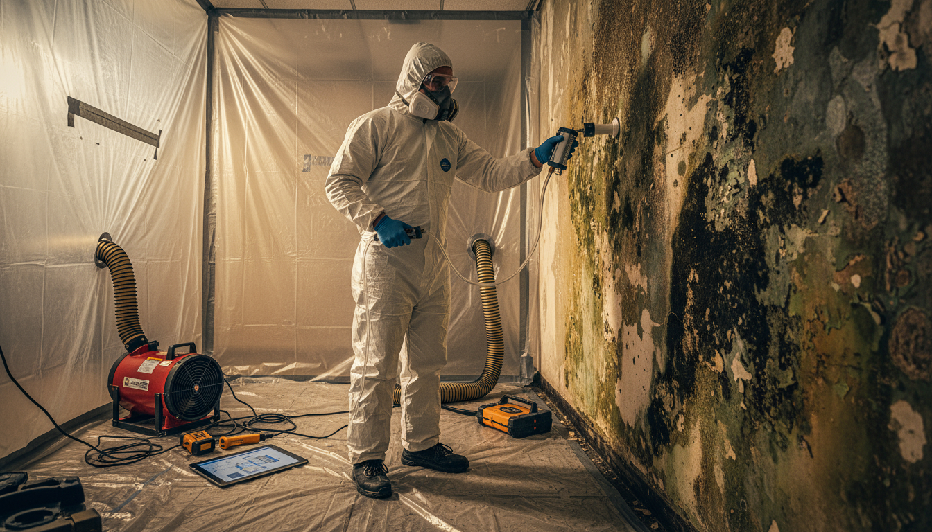 Industrial hygienist in full PPE using air sampling pump in water-damaged commercial building, visible mold growth on walls, containment barriers with negative air machines, professional technical equipment visible