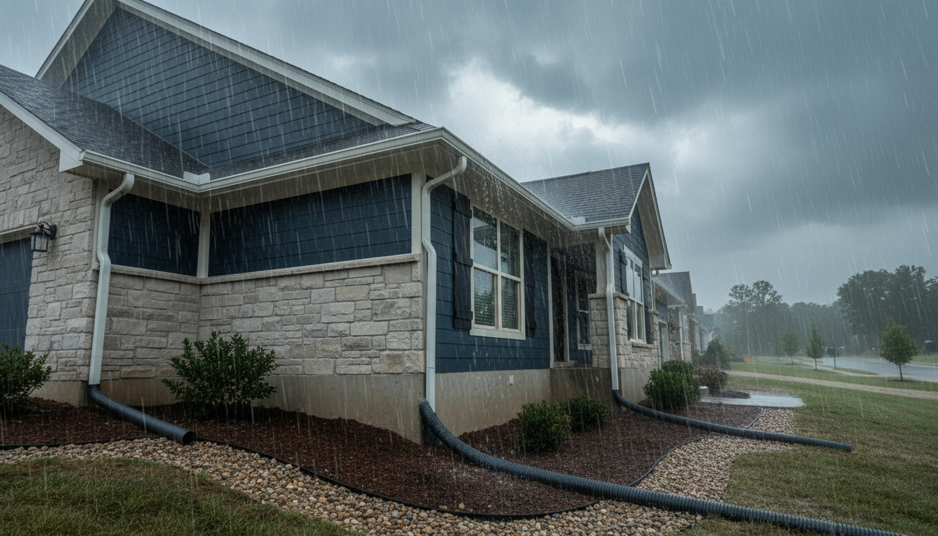 House foundation protected from heavy rain storm with proper drainage and water diversion systems preventing basement flooding