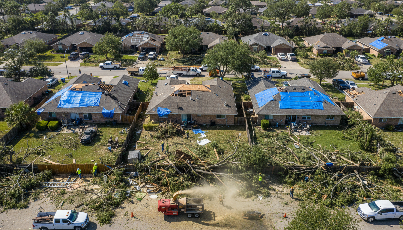 Aerial view of residential neighborhood after storm with visible roof damage, tarps on some houses, restoration trucks on site, tree debris being cleared, showing recovery in progress.