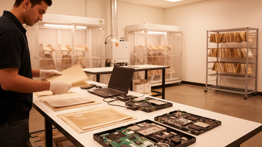 Professional restoration after water damage technician recovering documents and electronics in specialized facility