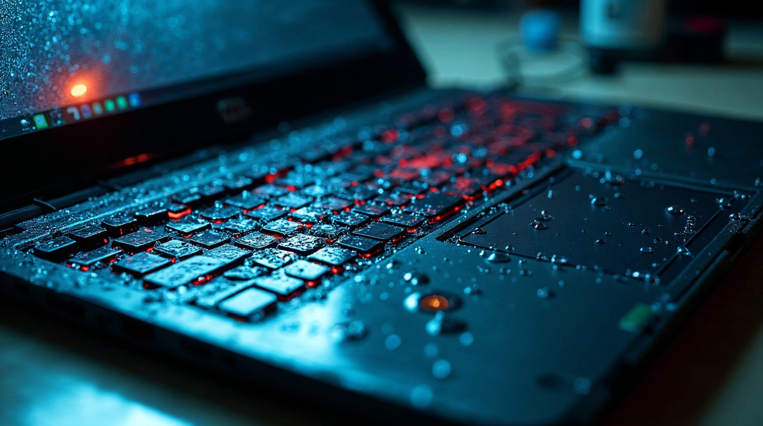 Water damaged laptop requiring restoration after water damage with visible corrosion and moisture