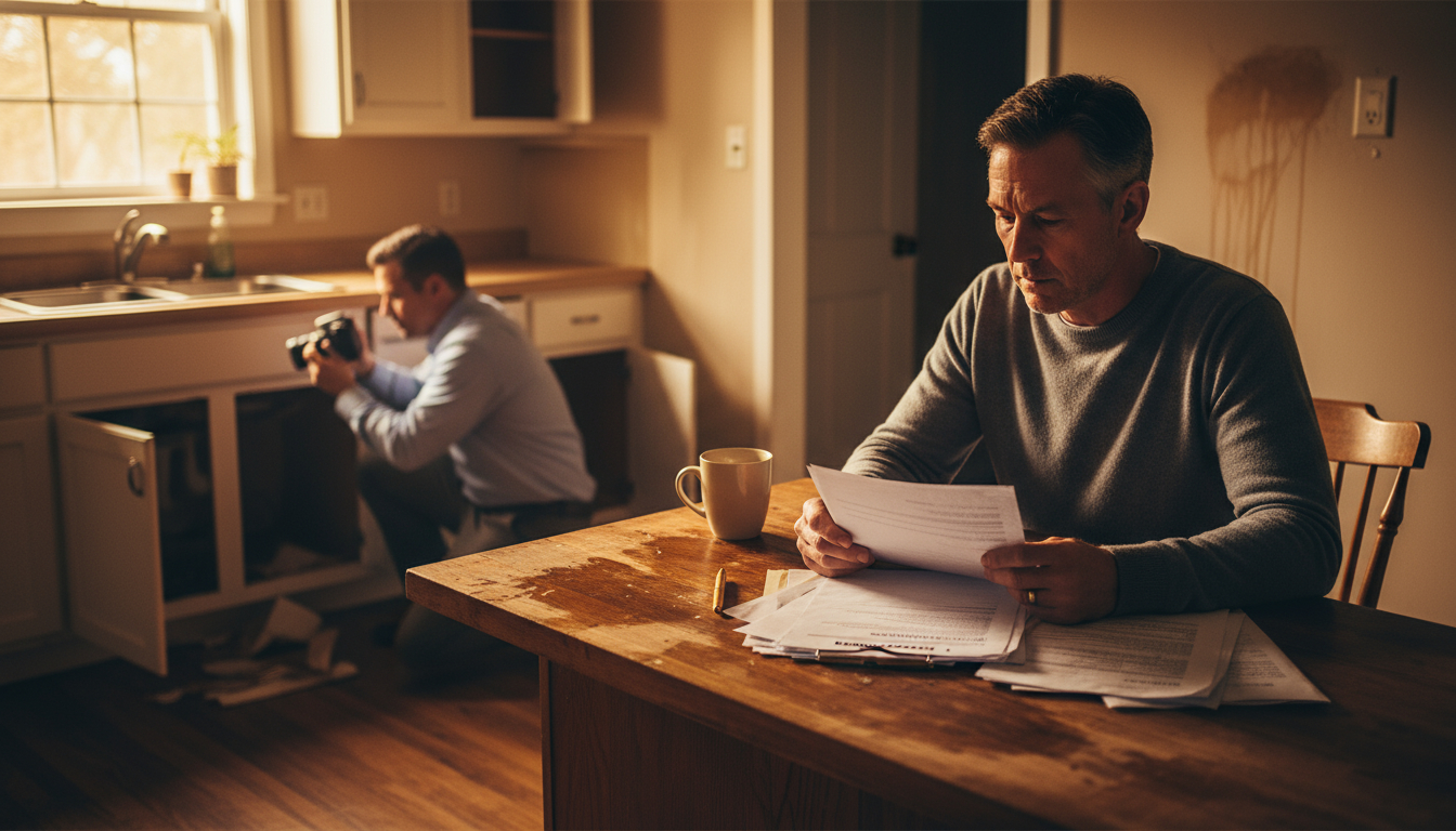 Homeowner reviewing insurance documents with adjuster examining property damage in background, clipboard and camera visible, kitchen with visible water damage
