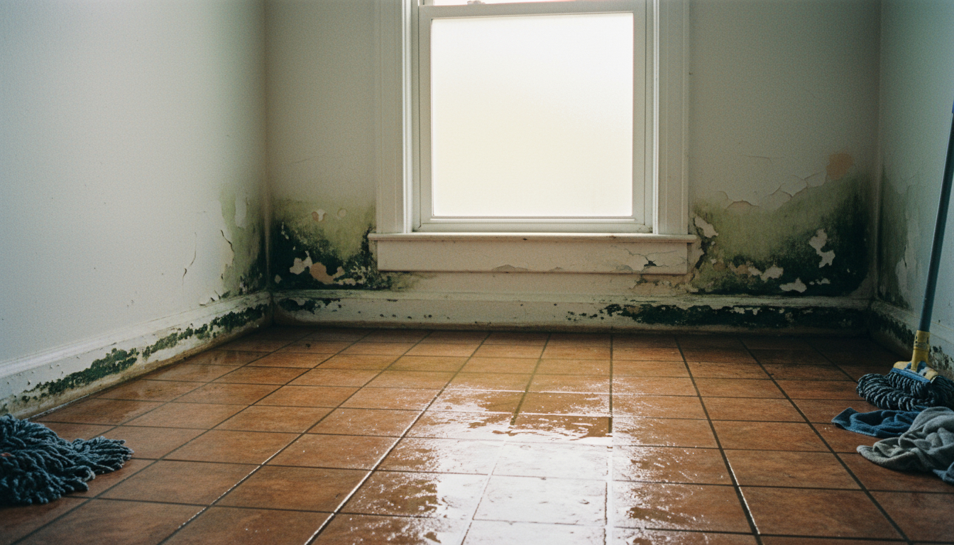 Water damage on residential floor requiring immediate water damage steps