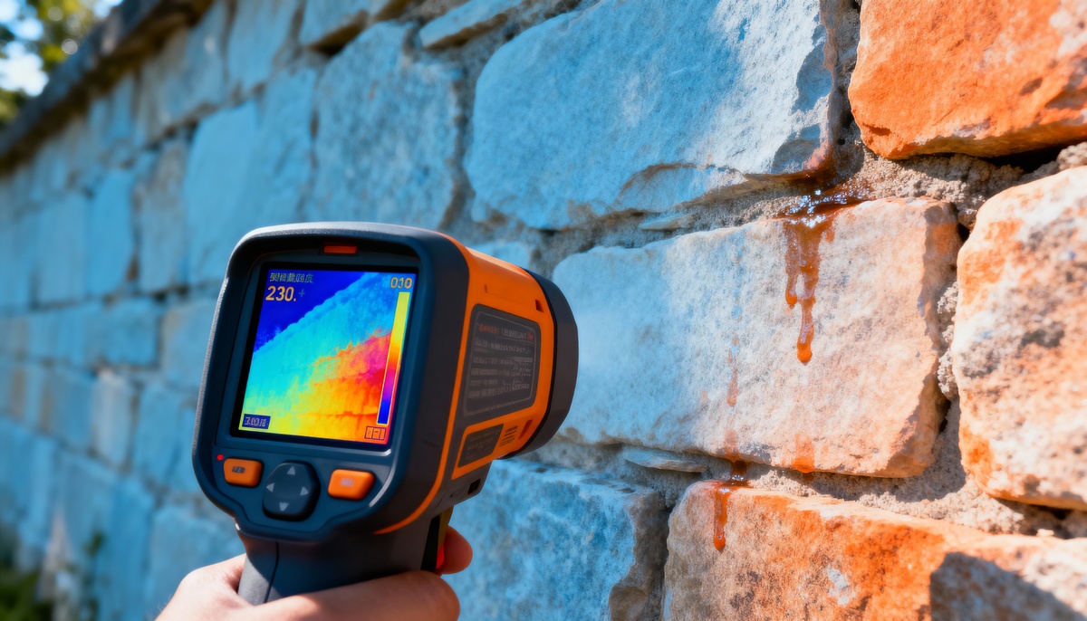 Thermal imaging camera display showing moisture detection temperature patterns