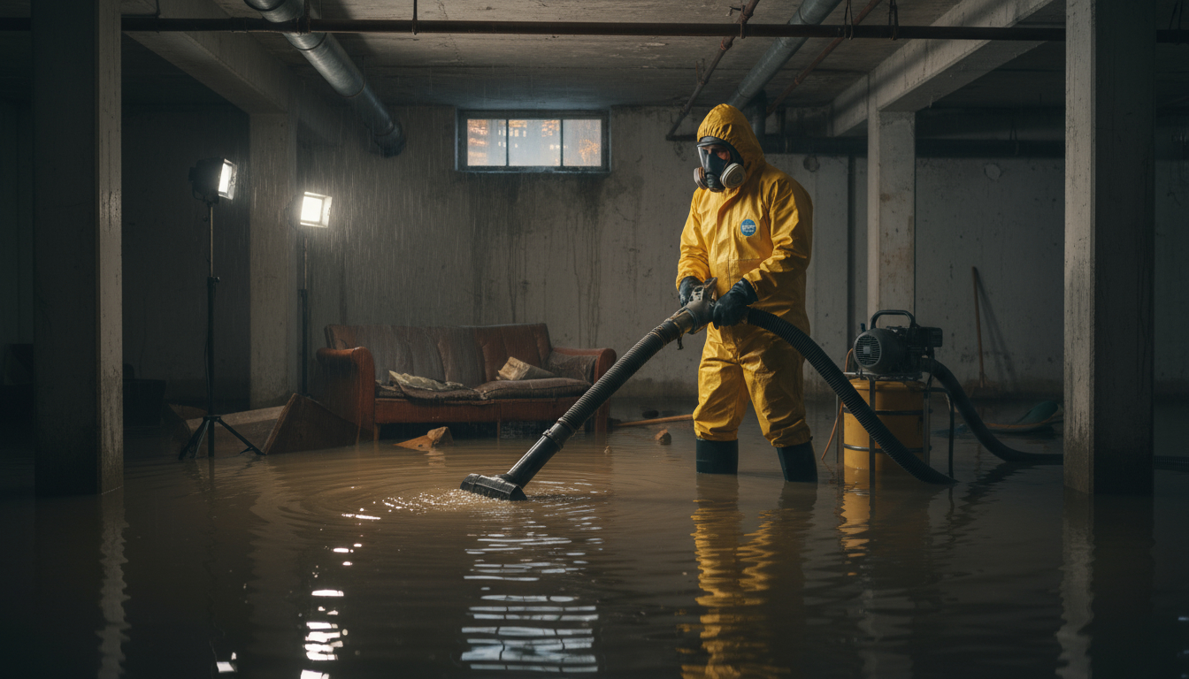 Professional basement flooding cleanup services with water extraction equipment