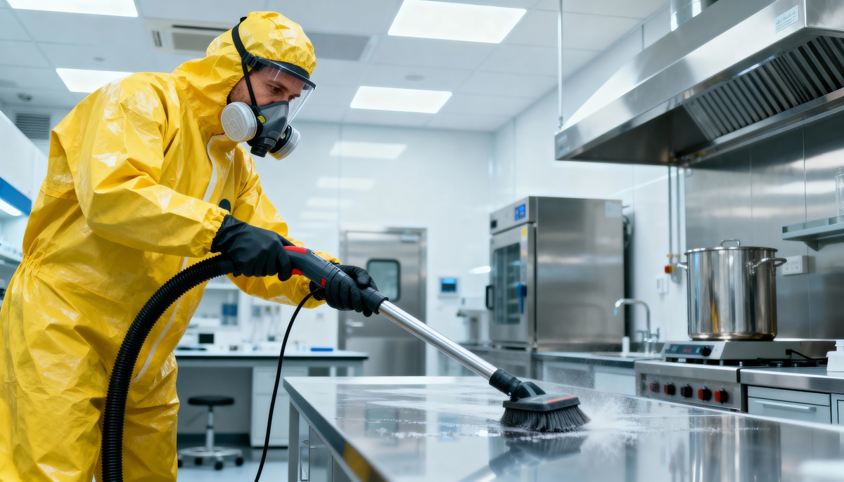 Professional biohazard cleanup technician in protective equipment performing decontamination services