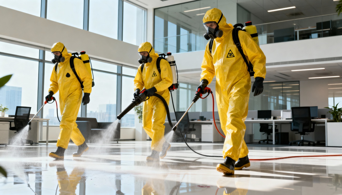 Biohazard cleanup team performing professional decontamination with specialized equipment