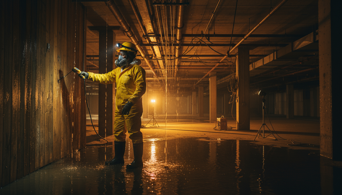 Professional assessing water damage categories with moisture detection equipment