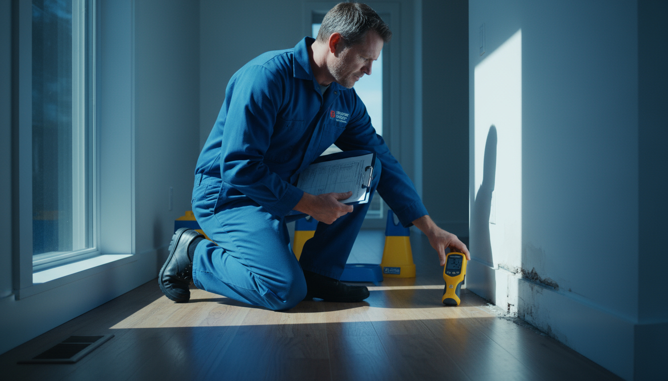 Professional restoration company technician inspecting home water damage with specialized equipment