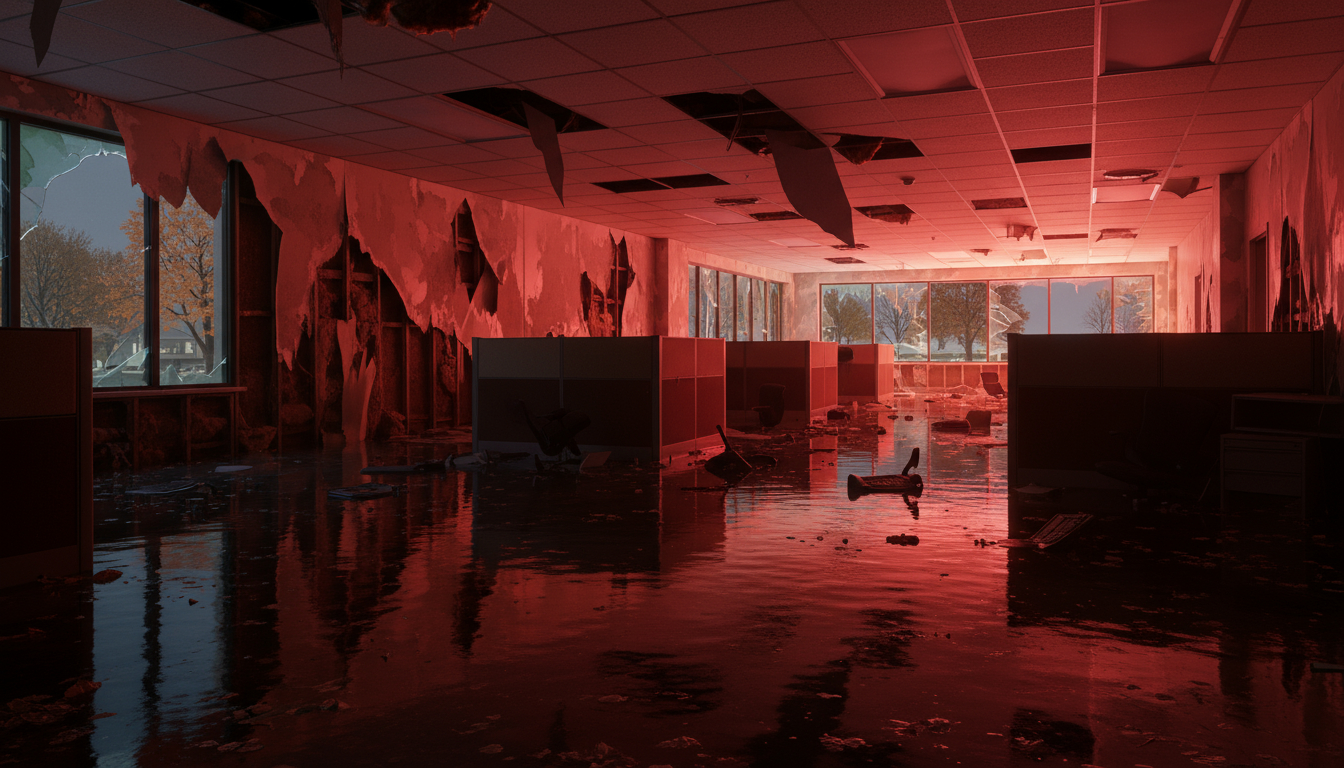 Water damage affecting commercial office space with damaged walls and flooring