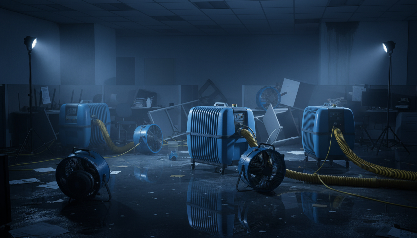 Commercial-grade dehumidifiers and air movers drying business property after water damage