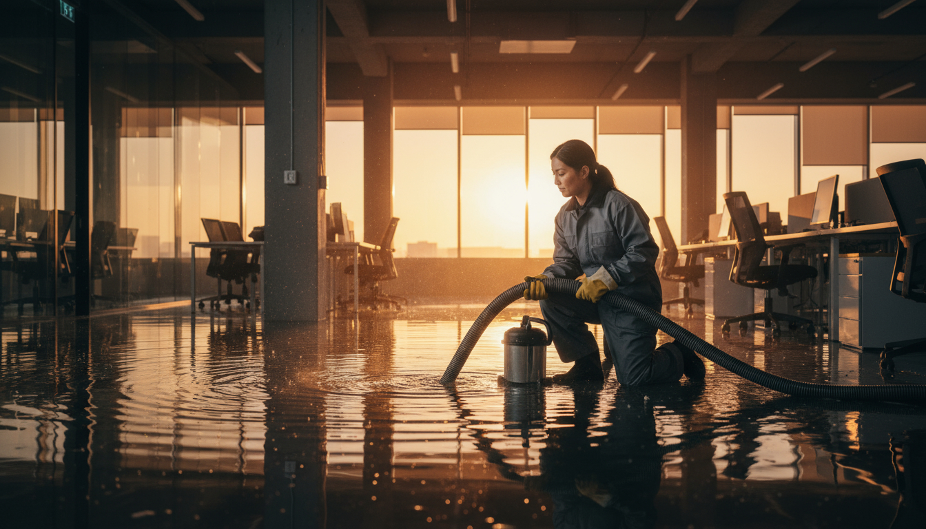 Professional water damage restoration technician extracting water from flooded home