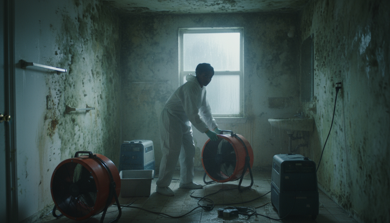 Industrial drying equipment including air movers and dehumidifiers in water damaged room