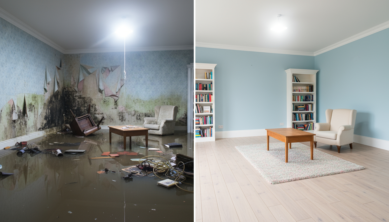 Before and after water damage restoration process showing complete property recovery