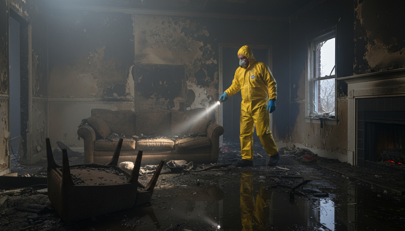 Professional fire restoration technician assessing fire and smoke damage in residential property
