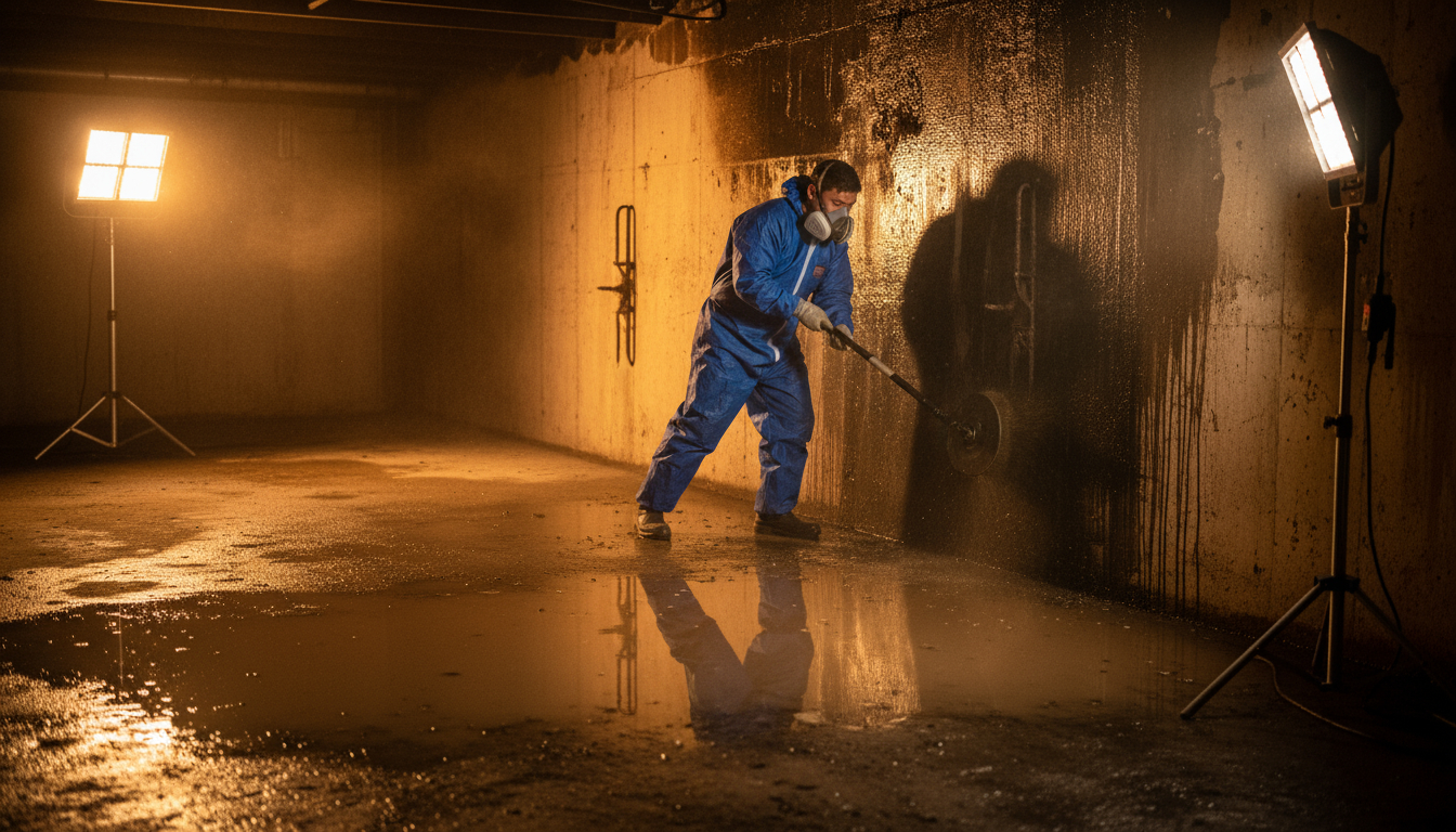 Professional fire restoration team performing smoke damage cleanup and soot removal