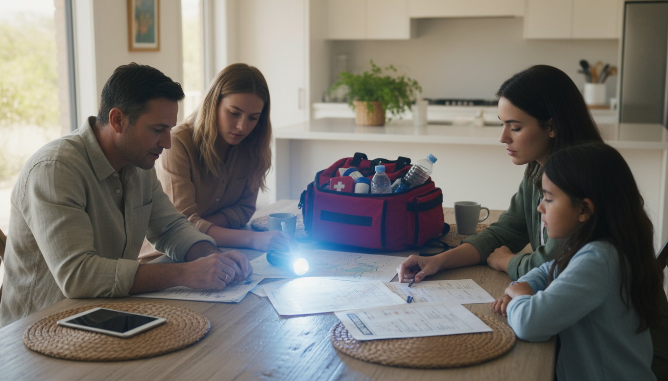 Family creating home emergency preparedness plan together at kitchen table