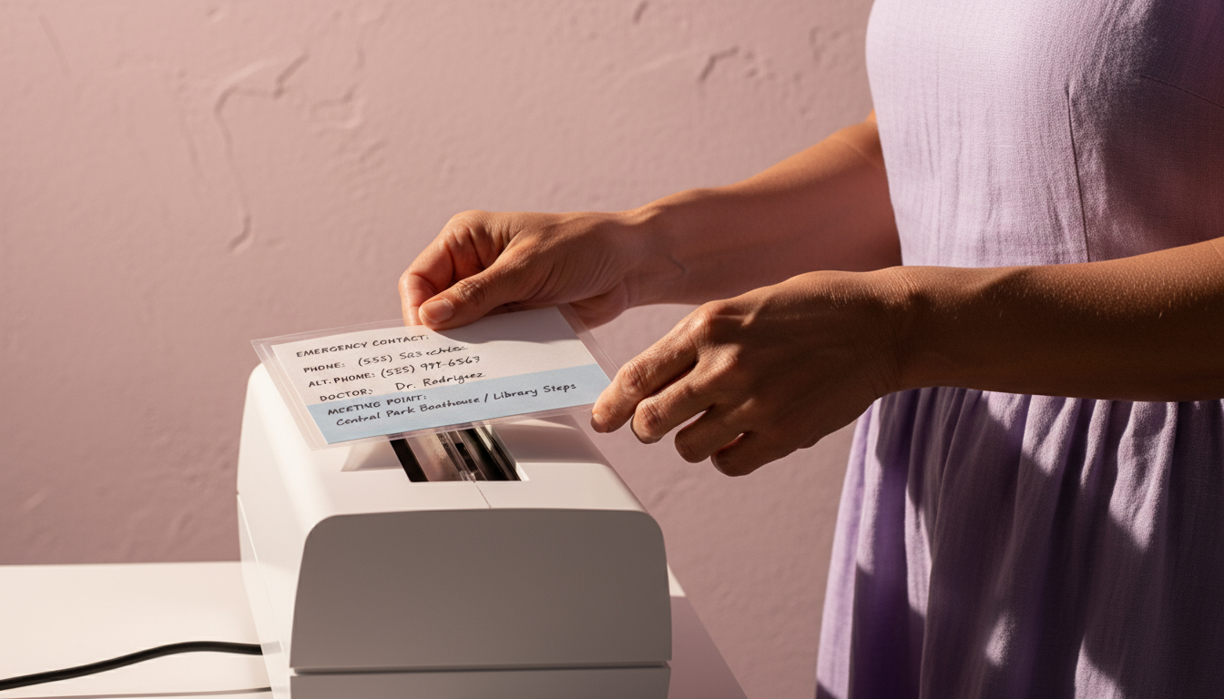 Emergency contact card with family information and meeting locations
