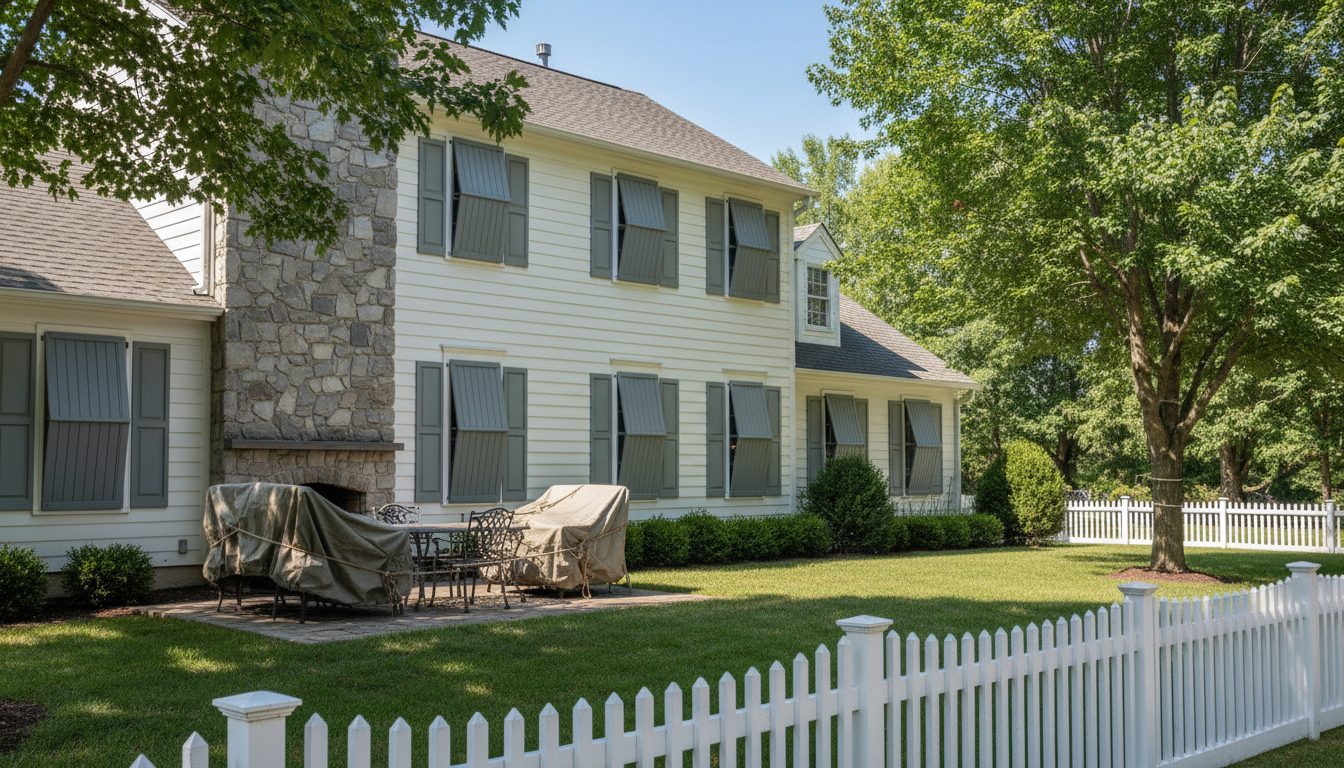 Home protected with storm shutters and secured outdoor areas for disaster preparedness
