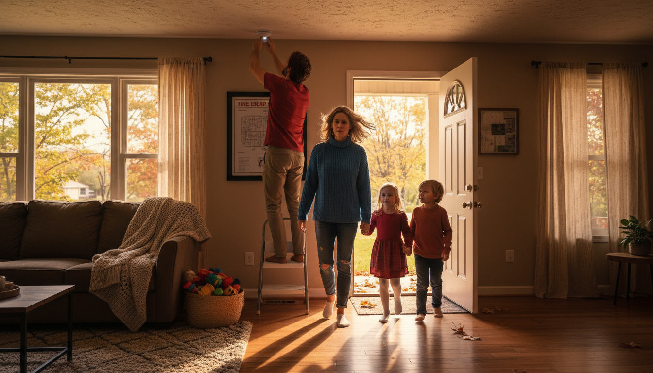 Family practicing emergency evacuation drill at home
