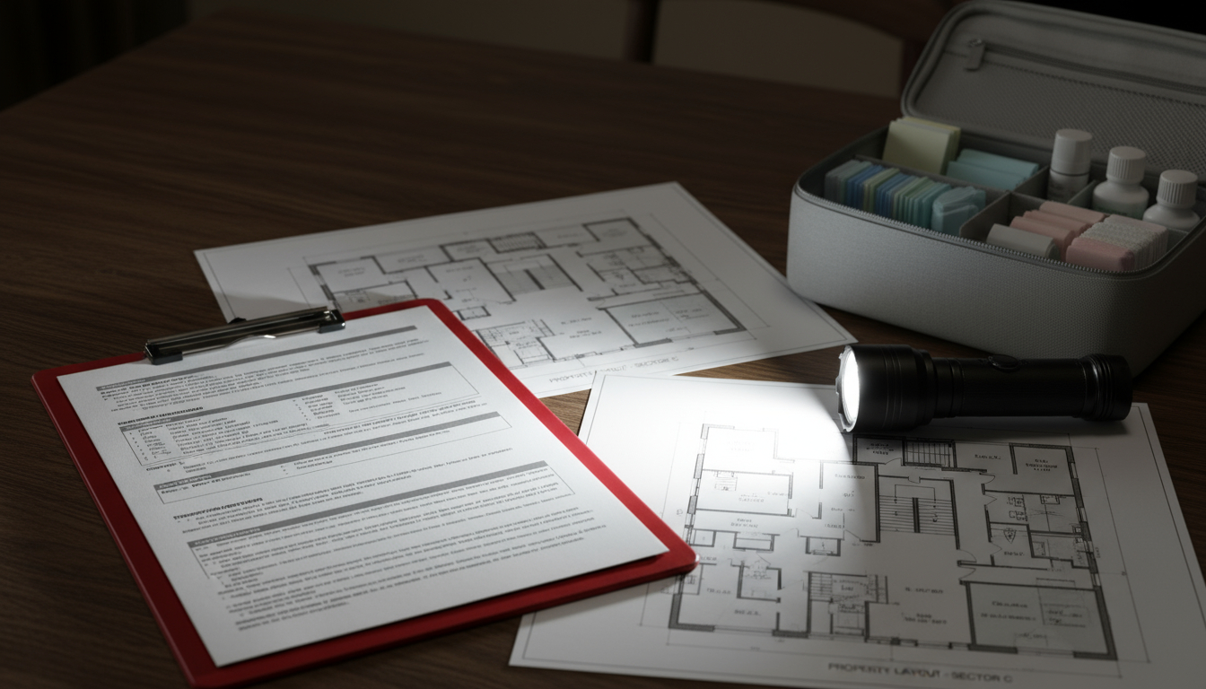 Disaster recovery planning documents and emergency supplies arranged on desk