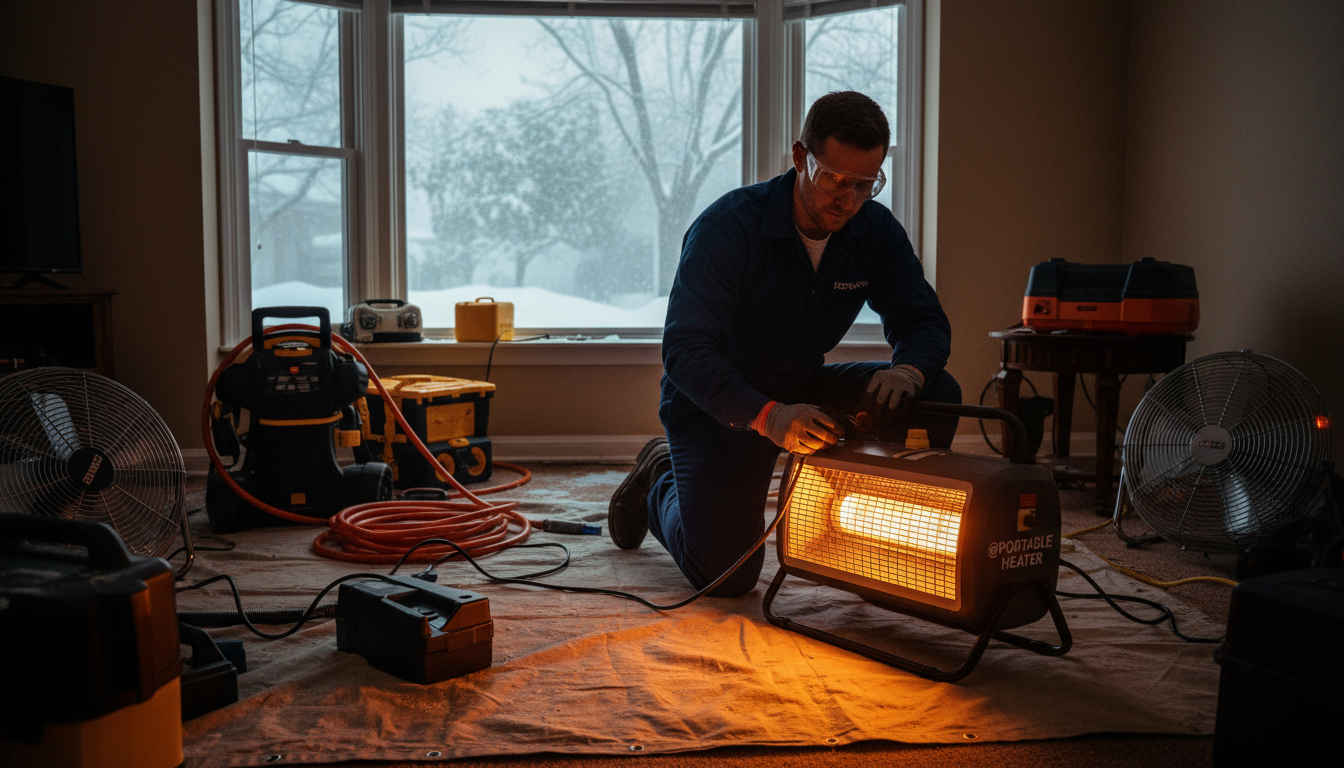 Emergency heating services technician installing temporary heating equipment in home during winter