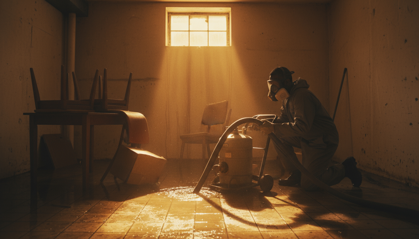 Professional water extraction technician removing standing water from flooded basement with industrial equipment