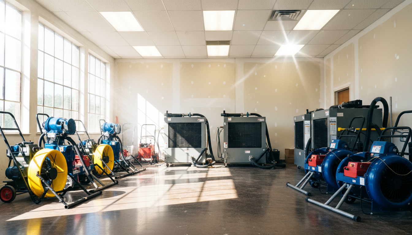 Professional restoration equipment rental including dehumidifiers and water extraction tools