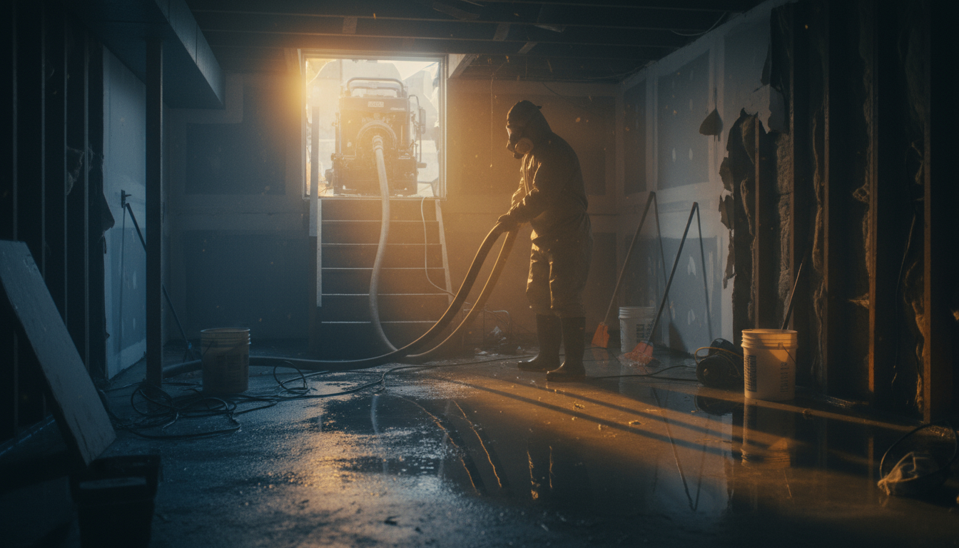Professional flood damage restoration technician extracting water from flooded basement using industrial equipment