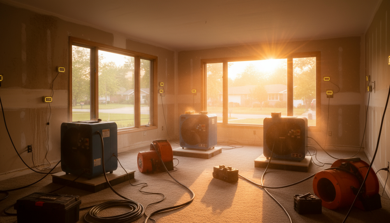 Industrial dehumidifiers and air movers used during flood damage restoration structural drying process