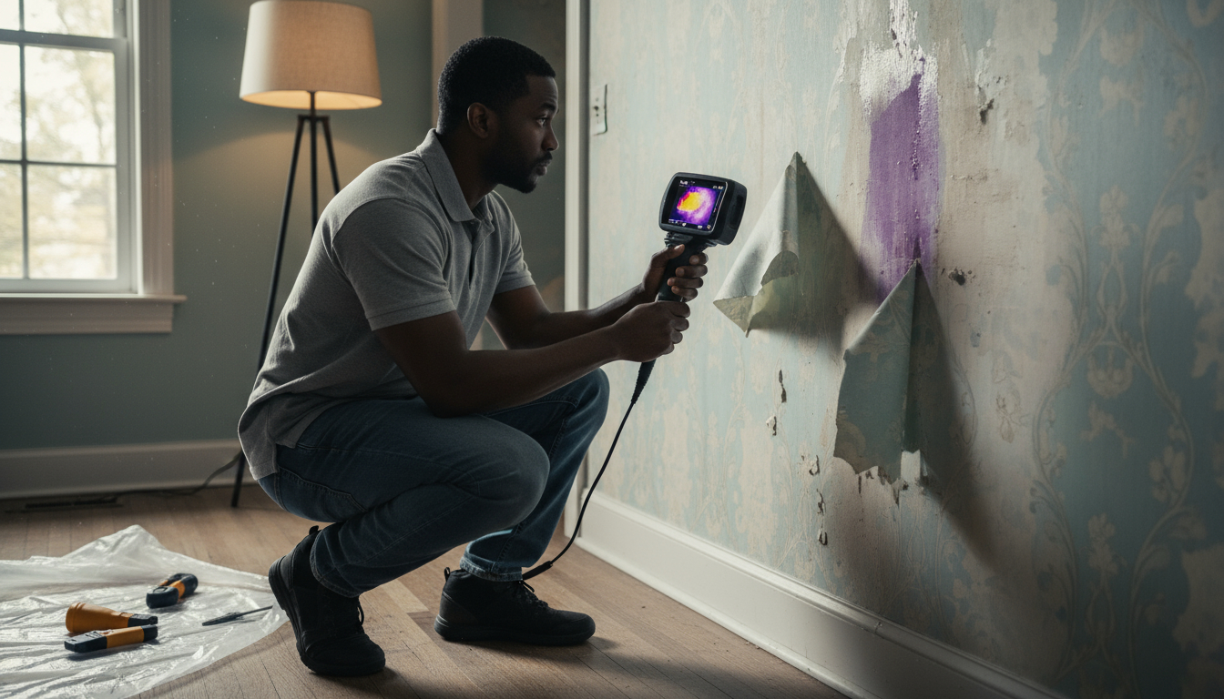 Thermal imaging camera detecting hidden moisture during flood damage restoration assessment