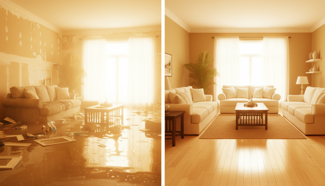 Before and after flood damage restoration showing complete recovery from severe water damage