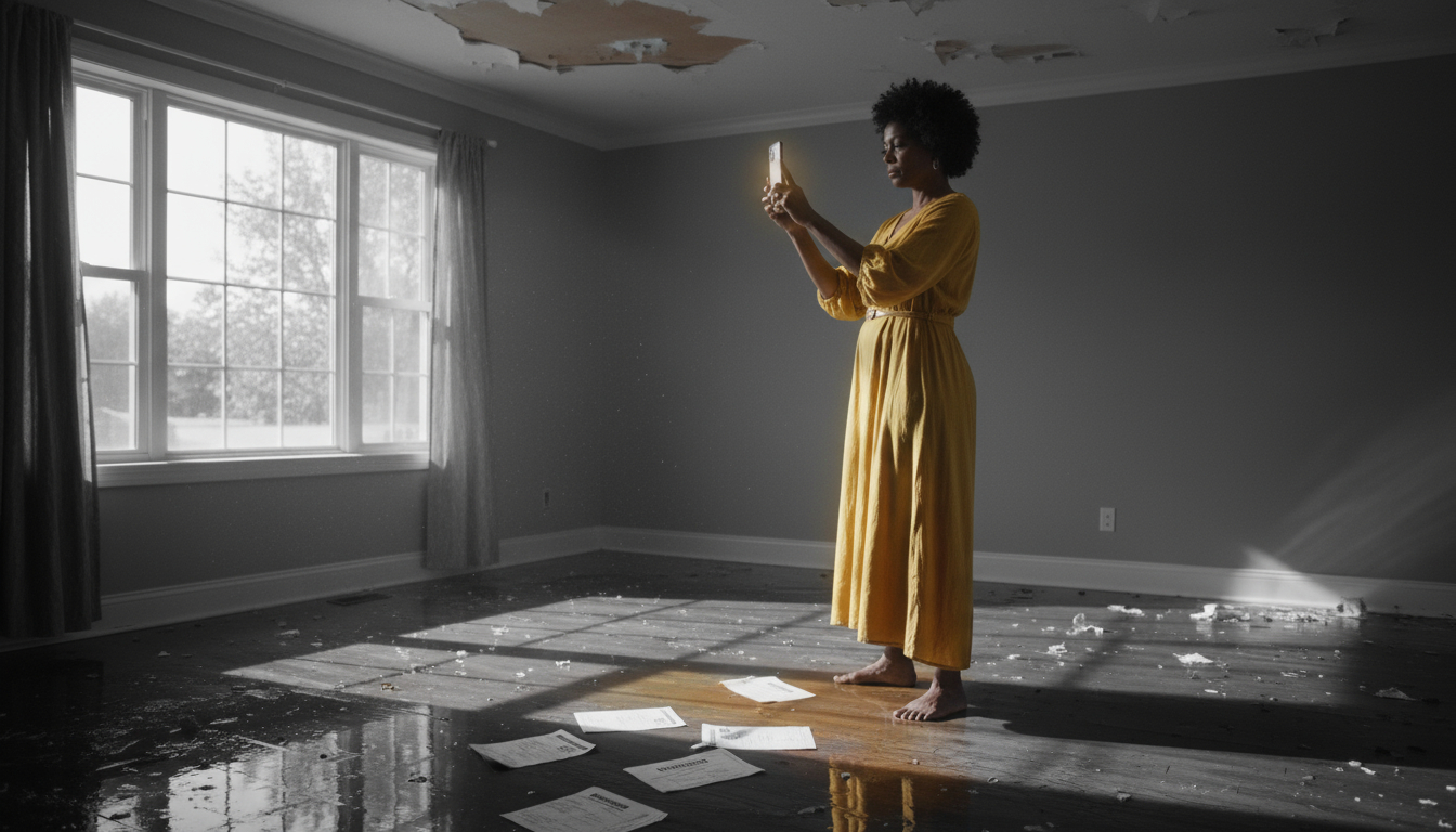 Homeowner documenting water damage with smartphone for insurance claim