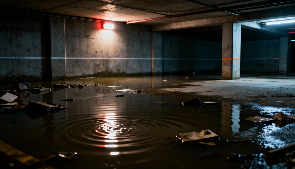 Flooded basement with standing water requiring emergency response