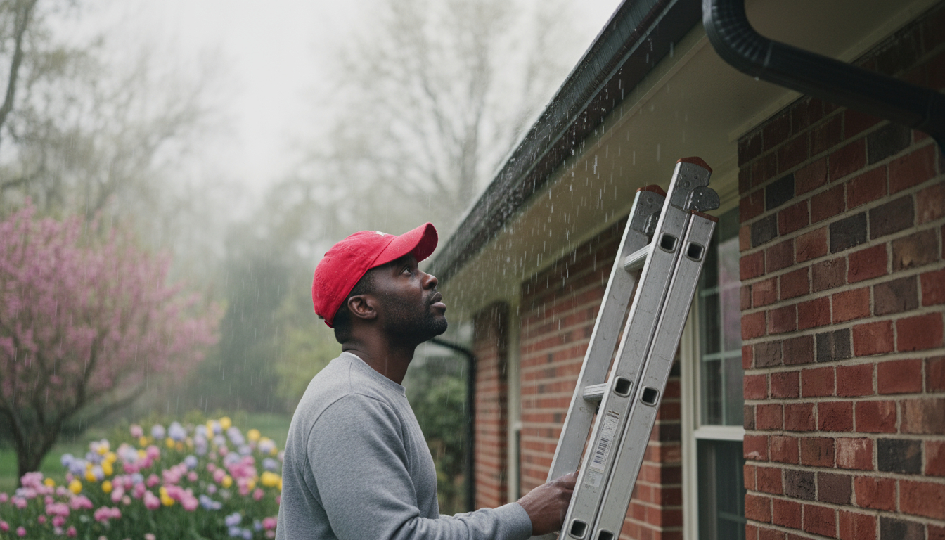 Homeowner preparing home for storm season by inspecting exterior Title: Storm Preparation Home Inspection